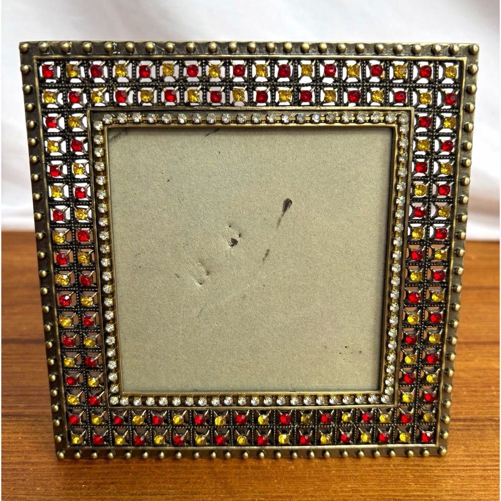 Decorative Gold Tone Metal Photo Frame Red/Yellow Stones Freestanding 4x4
